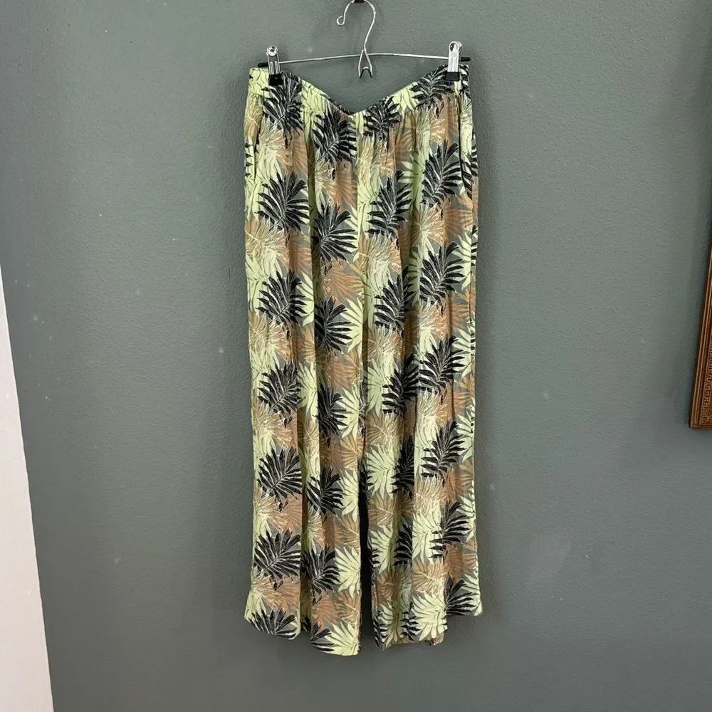 Hawaiian Sz XL Wide Leg Tropical Pull On Pant Green and Brown VTG
